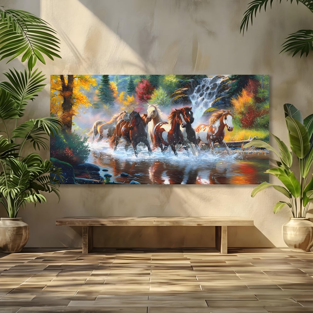 Tablou canvas cu tablou canvas cu cai galopand prin apa, fara rama, pe sasiu de lemn